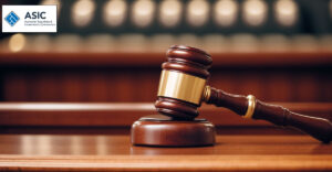 Photo of judge's gavel on a desk. ASIC logo in top left corner.