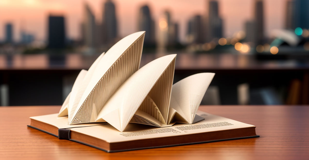 Generated photo of Sydney Harbour Bridge made out of paper coming out of book.