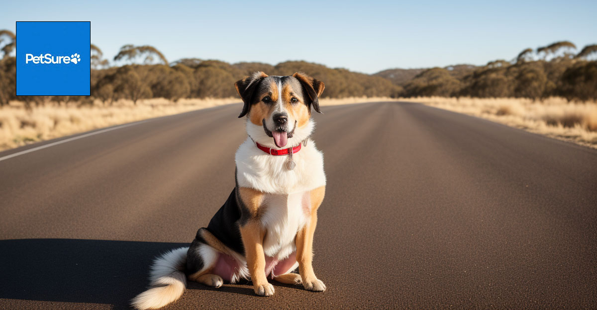 Photo of a dog sitting on a road. Petsure logo in top left corner.