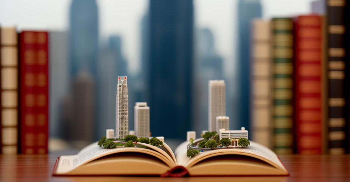 Model of Singapore city made out of paper, coming out of a book with blurred buildings in the background.