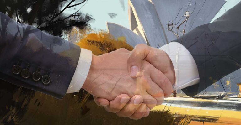 Photo of two people shaking hands with an illustration of Sydney Harbour bridge in the background.