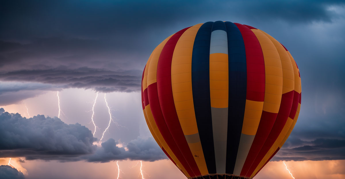 Photo of hot air balloon with lightning in the background.
