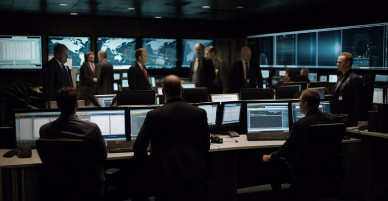 Profile photo of government officials working in a cyber war room.