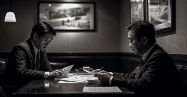 Black and white photo of two Japanese people meeting and exchanging notes.