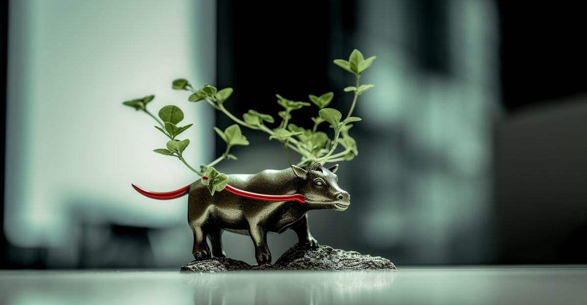 Photo of bull representing financial markets with a plant growing out of it.