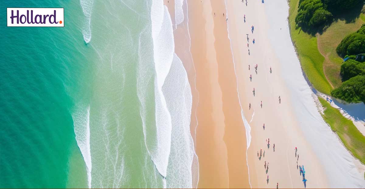 Aerial photo of a beautiful Australian beach with people on it. Hollard logo in top left corner.