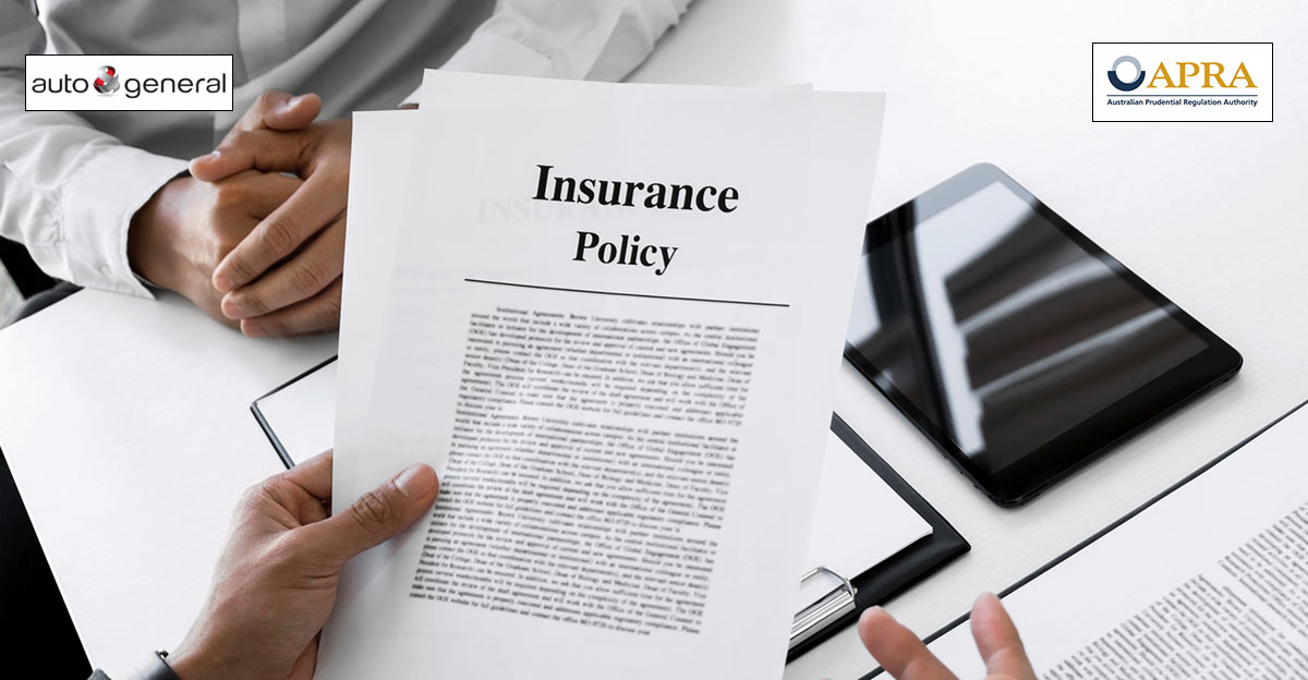 Photo of someone holding an insurance policy. Auto & General and APRA logos in top left and top right.