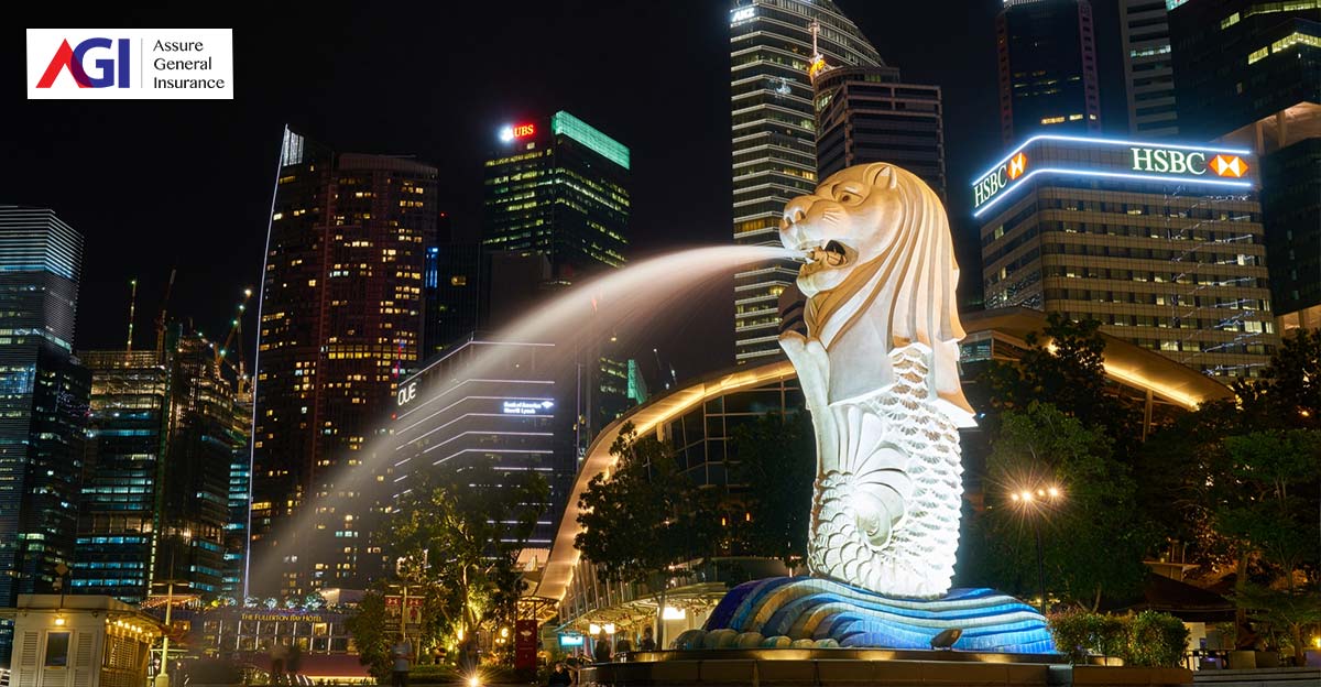 Photo of Merlion in Singapore at night with city buildings in background. AGI logo in top left corner.
