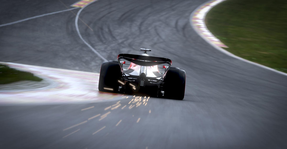 Photo of Formula 1 car driving away.