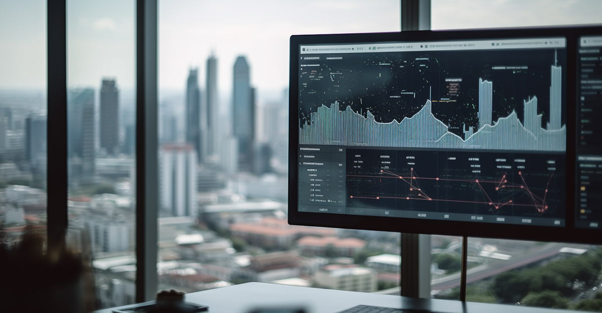 Photo of a computer monitor showing data with blurred city in the background.