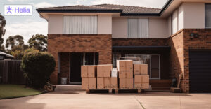 Photo of boxes in front of Australian house. Helia logo in the top left corner.