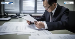 Photo of man reading financial statements. Logos of Samsung Life and FSS in top left and top right.