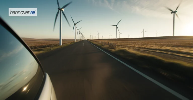 Photo of care in foreground and windmills in background.