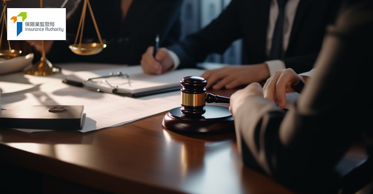 Photo of people sitting around a table, including Judges hammer. Insurance Authority logo in the top left corner.