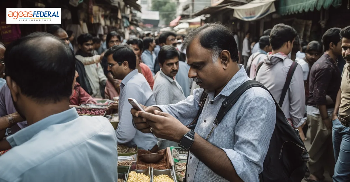 Photo of man in Indian market using phone.