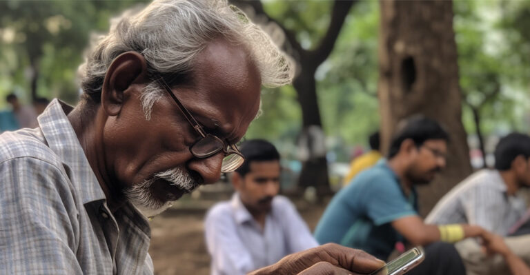 Photo of Indian man reading on his mobile phone with other people in the background.