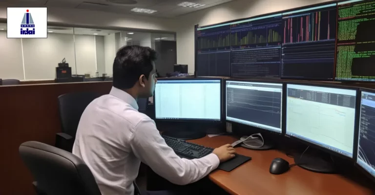 Photo of Indian man using multiple computer screens.