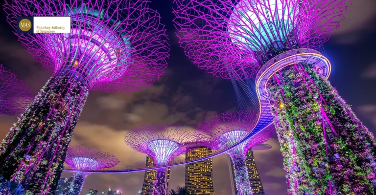 Photo of Gardens at the Bay in Singapore at night time. Monetary Authority of Singapore logo in top left.