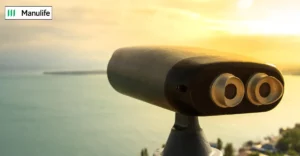 Photo of binoculars looking out to sea. Manulife logo in top left corner.