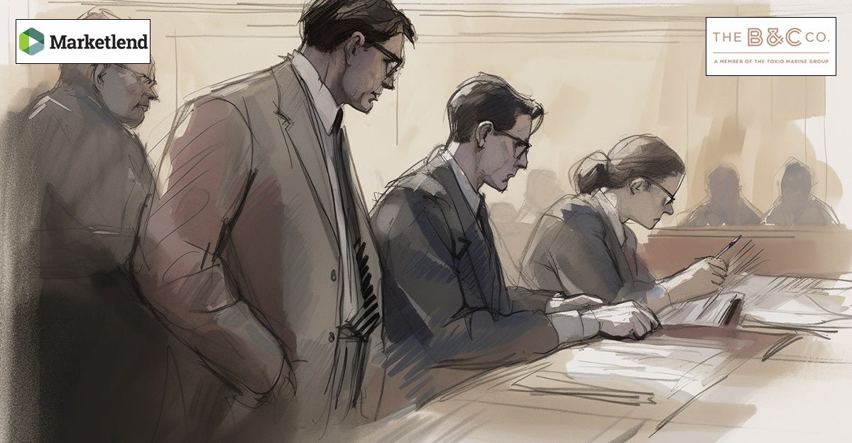 Illustration of a legal hearing. Marketland and BCC logos in top left and top right corners.