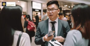 Photo of man selling insurance services in public. Photo of MAS logo in to left.