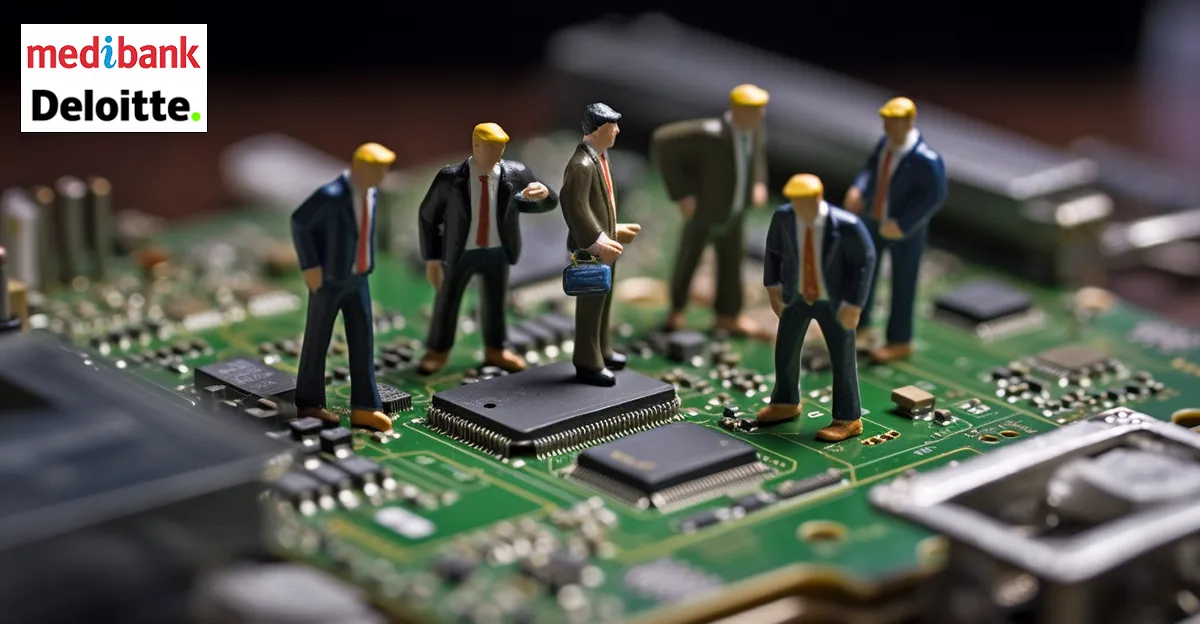 Photo of toy figure in suits inspecting computer board.