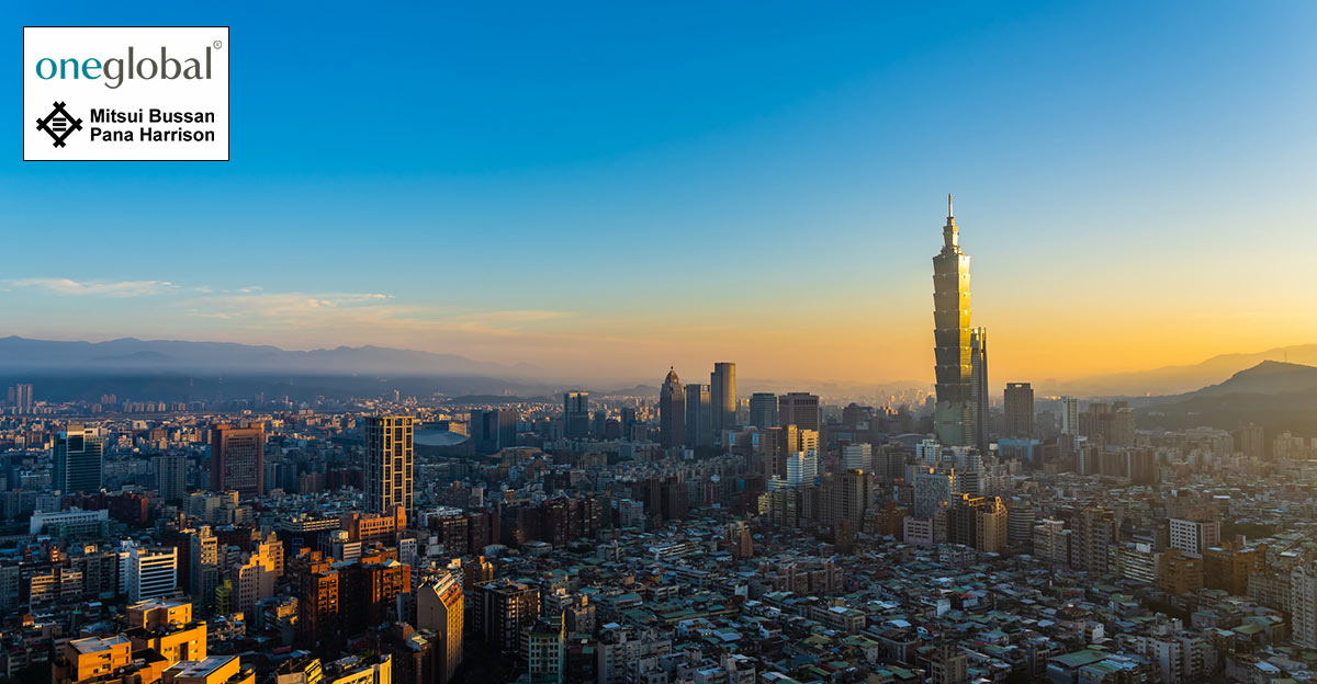 Beautiful photo of Taiwan city during the day. One Global and Mitsui Bussan Pana Harrison logos in the top left.