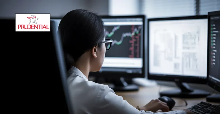 A profile photo of An Asian woman working on computer which has company data. Prudential logo in top left corner.