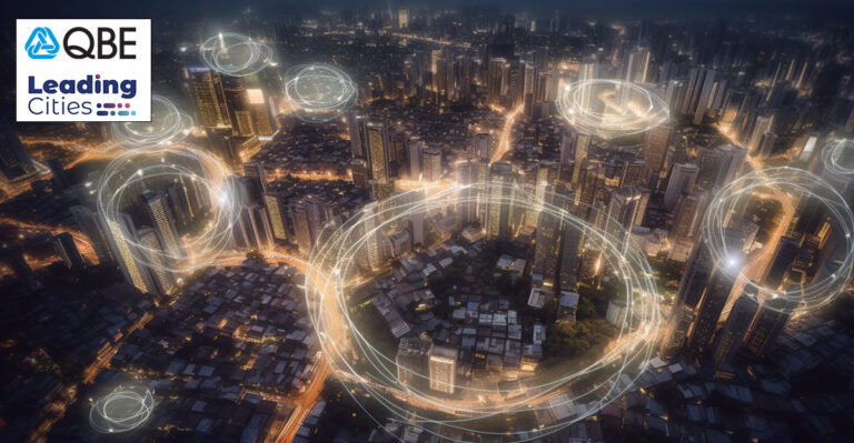 Render of futuristic, interconnected city. QBE and Leading Cities logos in top left.
