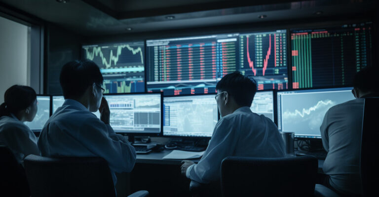 Photo of people in a dark room with lots of data on screen.