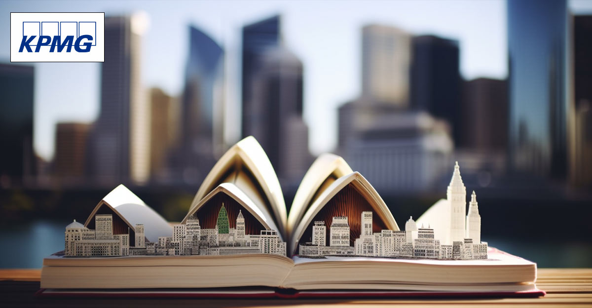 Render of Sydney Harbour Bridge made out of paper coming out of a book with a blurred city in the background. KPMG logo in the top left corner.