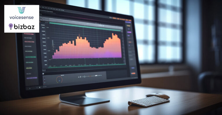 Photo of computer screen showing voice technology. Voicesense and Bizbas logos in top left and top right corners.