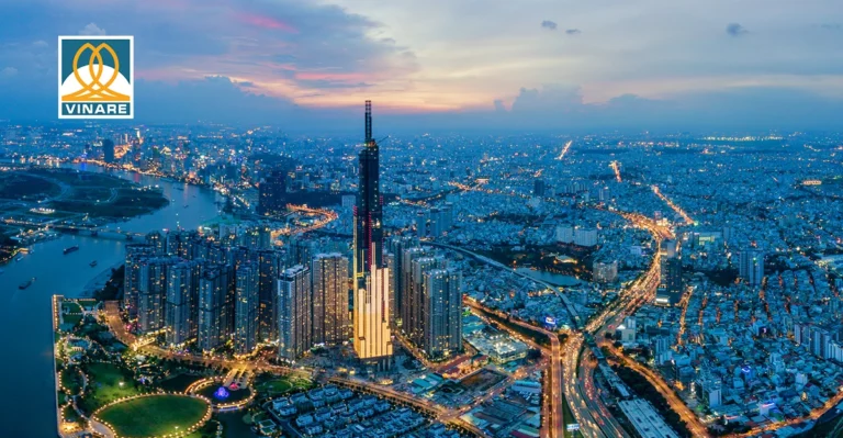 A photo of Vietnam city. Vietnam National Reinsurance Corporation logo in top left corner.