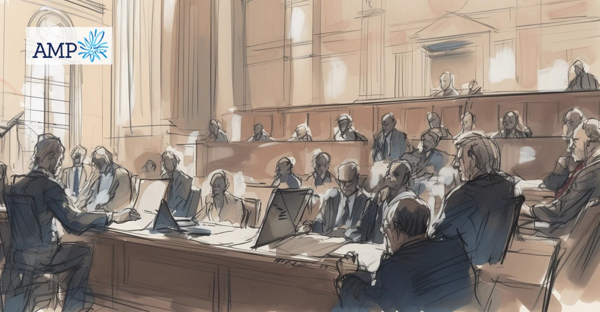 A sketch of a court room. AMP logo in top left corner.