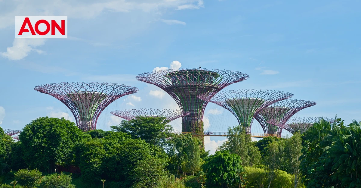 A photo of Singapore's Gardens in the Bay. AON logo in top left corner.