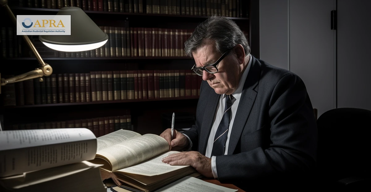 A photo of Accountant reviewing paperwork. APRA logo in top left corner.