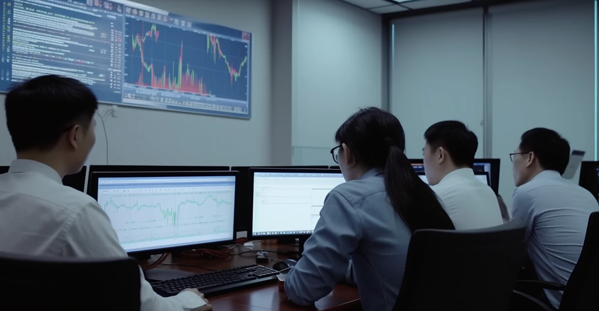 A photo of a group of analysts looking at financial data on a computer screen.