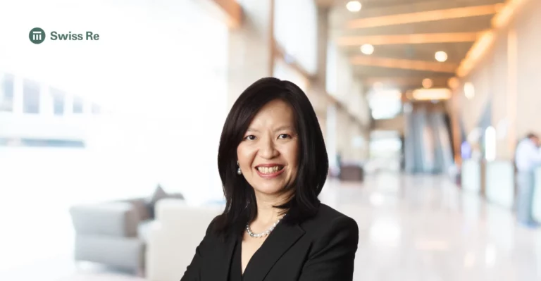 A profile photo of Deanna Ong with blurred office background. Swiss Re Logo in top left corner.