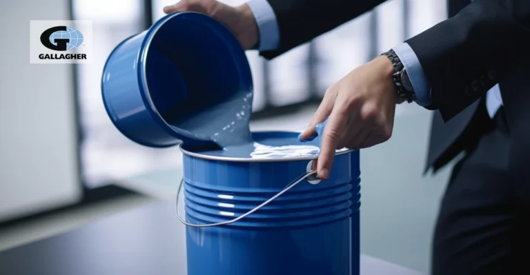 A photo of a small paint bucket being poured into a larger paint bucket. Gallgher logo in top left corner.