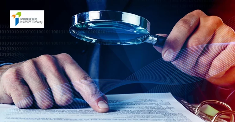 A photo of someone looking at a document under a magnifying glass. Hong Kong Insurance Authority logo in top left corner.