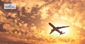 A photo of a plane flying. EaseMyTrip logo in top left corner.