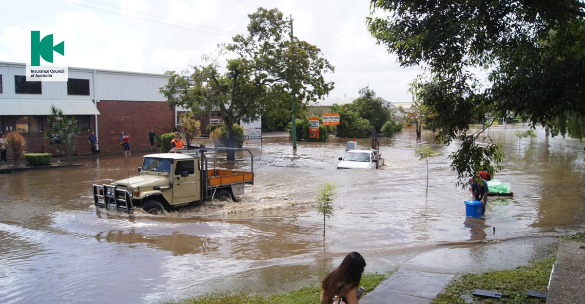 A photo of Flooding in Queensland. Insurance Council of Australia logo in top left corner.