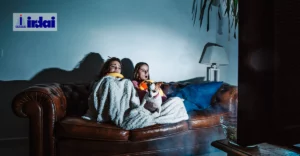 A photo of two young indian girls watching television. IRDAI logo in top left corner.