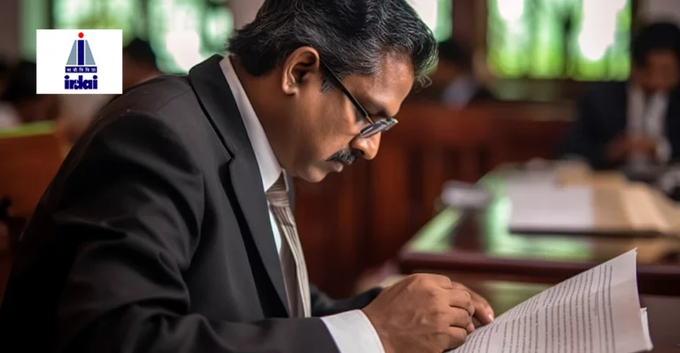 A photo of Indian lawyer reading papework. IRDAI logo in top left corner.