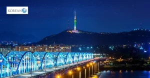 A photo of Korea at night time. Korean Re logo in top left corner.