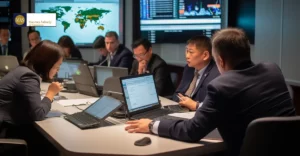 A photo of A cybersecruity war room. MAS logo in top left corner.