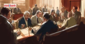 A coloured sketch of a group of business people speaking in a formal setting. Medibank logo in top left corner.