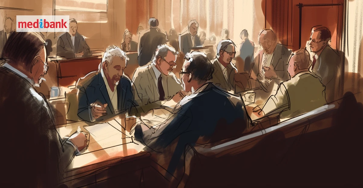 A coloured sketch of a group of business people speaking in a formal setting. Medibank logo in top left corner.