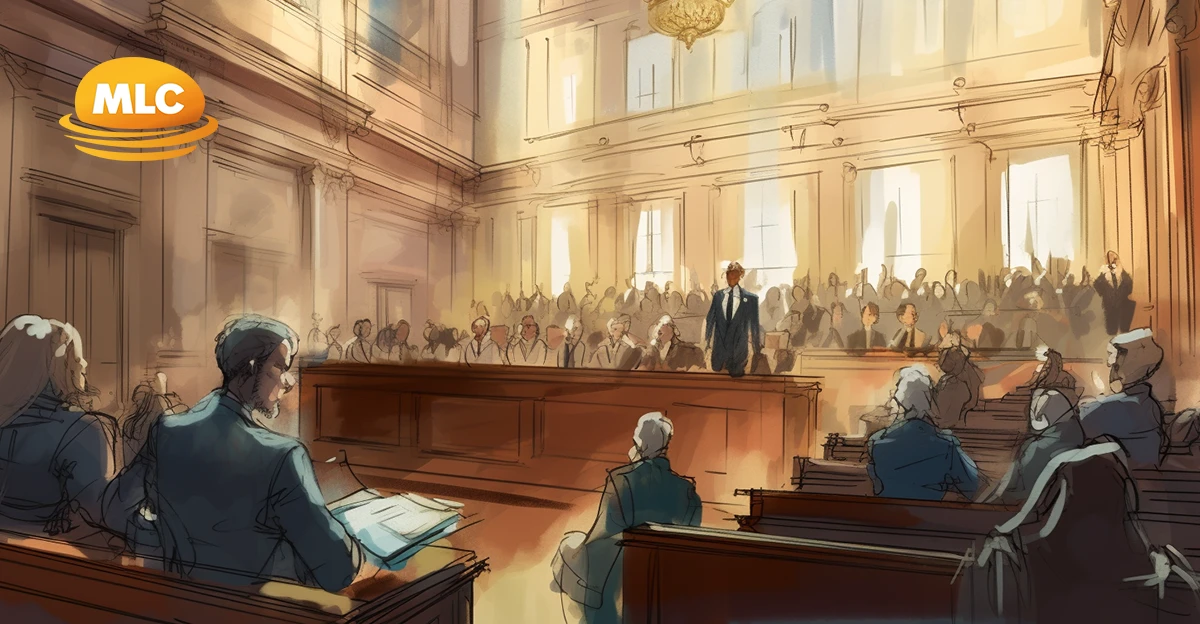A sketch of a court room. MLC logo in top left corner.