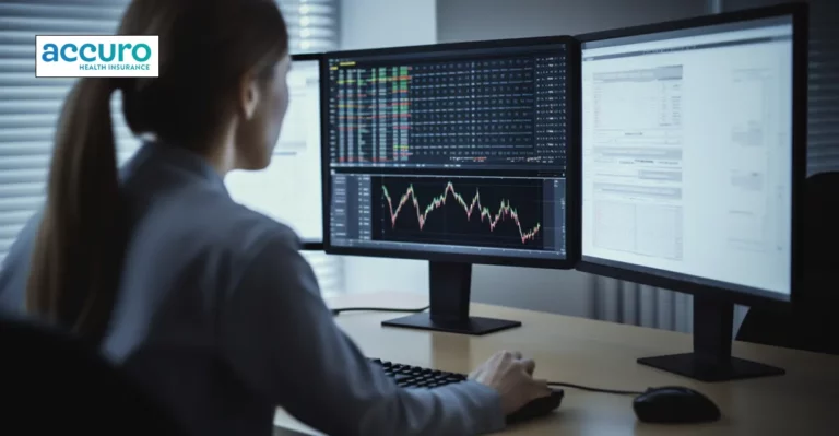 A photo of woman looking at computer data on screen. Accuro logo in top left corner.